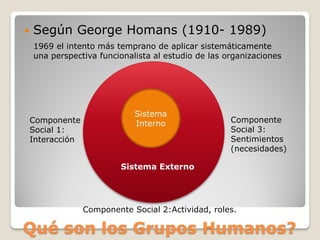    Según George Homans (1910- 1989)
    1969 el intento más temprano de aplicar sistemáticamente
    una perspectiva funcionalista al estudio de las organizaciones




                              Sistema
    Componente                Interno                Componente
    Social 1:                     FG                 Social 3:
    Interacción                                      Sentimientos
                                                     (necesidades)

                           Sistema Externo




                  Componente Social 2:Actividad, roles.

Qué son los Grupos Humanos?
 