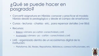 ¿Qué se puede hacer en
posgrado?
• Convertir asignatura en Híbrida: conocer y practicar el modelo
híbrido desde lo pedagógico y desde el campo de enseñanza
• Cursos - lecturas - charlas - etc.. para repensar detalles (ver Bibl)
• Recursos:
– Básico: cámara- pc-cañón -conectividad y LMS
– Avanzado: cámara - pc - cañón - conectividad y LMS
• LMS - organizado dentro de un ecosistemas digital de la
institución:
– Plataforma, SIU, Redes, Repositorios, Biblioteca, correos institucionales, etc
 
