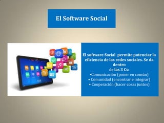 El Software Social




         El software Social permite potenciar la
          eficiencia de las redes sociales. Se da
                          dentro
                        de las 3 Cs:
              •Comunicación (poner en común)
             • Comunidad (encontrar e integrar)
             • Cooperación (hacer cosas juntos)
 