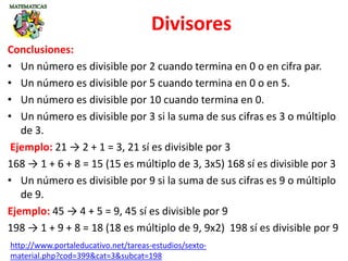 Conclusiones:
• Un número es divisible por 2 cuando termina en 0 o en cifra par.
• Un número es divisible por 5 cuando termina en 0 o en 5.
• Un número es divisible por 10 cuando termina en 0.
• Un número es divisible por 3 si la suma de sus cifras es 3 o múltiplo
de 3.
Ejemplo: 21 → 2 + 1 = 3, 21 sí es divisible por 3
168 → 1 + 6 + 8 = 15 (15 es múltiplo de 3, 3x5) 168 sí es divisible por 3
• Un número es divisible por 9 si la suma de sus cifras es 9 o múltiplo
de 9.
Ejemplo: 45 → 4 + 5 = 9, 45 sí es divisible por 9
198 → 1 + 9 + 8 = 18 (18 es múltiplo de 9, 9x2) 198 sí es divisible por 9
Divisores
http://www.portaleducativo.net/tareas-estudios/sexto-
material.php?cod=399&cat=3&subcat=198
 