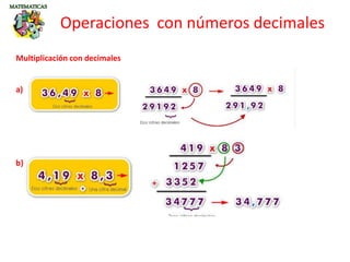 Operaciones con números decimales
Multiplicación con decimales
a)
b)
 
