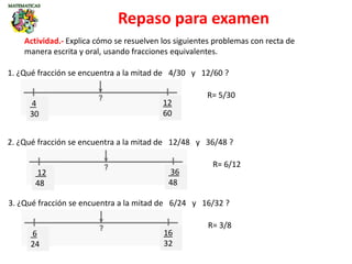 Repaso para examen
1. ¿Qué fracción se encuentra a la mitad de 4/30 y 12/60 ?
4
30
12
60
R= 5/30
Actividad.- Explica cómo se resuelven los siguientes problemas con recta de
manera escrita y oral, usando fracciones equivalentes.
3. ¿Qué fracción se encuentra a la mitad de 6/24 y 16/32 ?
6
24
16
32
R= 3/8
2. ¿Qué fracción se encuentra a la mitad de 12/48 y 36/48 ?
12
48
36
48
R= 6/12
 