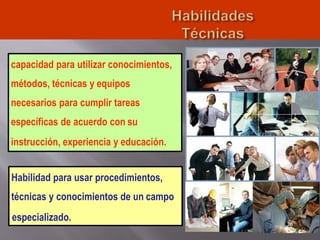 capacidad para utilizar conocimientos,
métodos, técnicas y equipos
necesarios para cumplir tareas
específicas de acuerdo con su
instrucción, experiencia y educación.
Habilidad para usar procedimientos,
técnicas y conocimientos de un campo
especializado.
26
 