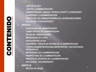 CONTENIDO
– ¿QUÉ ES LATGA?
– ¿QUÉ ES LAADMINISTRACIÓN?
– ADMINISTRACIÓN: ¿CIENCIA, TÉCNICA O ARTE? Ó ¿PROFESIÓN?
– LA EMPRESA Y LAADMINISTRACIÓN
– OBJETO DE LOS ADMINISTRADORES EN LASORGANIZACIONES
– APLICACIÓN: CASOMICROSOFT
• PARTE II
– HABILIDADES DELADMINISTRADOR
– COMPETENCIAS DELADMINISTRADOR
– ROLES DELADMINISTRADOR
– IMPORTANCIA DE LATGA
– EVOLUCION DE LATGA
– CONTENIDO Y OBJETO DE ESTUDIO DE LA ADMINISTRACIÓN
– TEORIAS ADMINISTRATIVAS MAS IMPORTANTES Y SUS ENFOQUES
PRONCIPALES
– IMPORTANCIA DE LAADMINISTRACIÓN
– PERSPECTIVAS DE LAADMINISTRACIÓN
– PRINCIPALES DESAFIOS DE LAADMINISTRACIÓN
– APLICACIÓN: CASOMICROSOFT
• PARTE III
– MÉTODO DECASOS
5
 