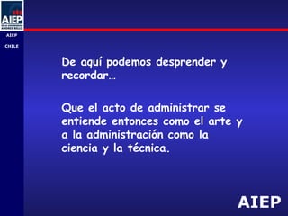 AIEP
AIEP
-
CHILE
De aquí podemos desprender y
recordar…
Que el acto de administrar se
entiende entonces como el arte y
a la administración como la
ciencia y la técnica.
 