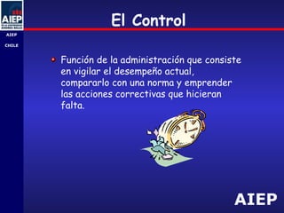 AIEP
AIEP
-
CHILE
El Control
Función de la administración que consiste
en vigilar el desempeño actual,
compararlo con una norma y emprender
las acciones correctivas que hicieran
falta.
 