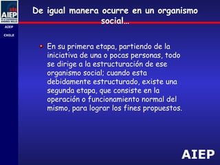 AIEP
AIEP
-
CHILE
De igual manera ocurre en un organismo
social…
En su primera etapa, partiendo de la
iniciativa de una o pocas personas, todo
se dirige a la estructuración de ese
organismo social; cuando esta
debidamente estructurado, existe una
segunda etapa, que consiste en la
operación o funcionamiento normal del
mismo, para lograr los fines propuestos.
 