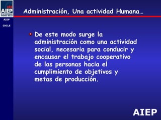 AIEP
AIEP
-
CHILE
De este modo surge la
administración como una actividad
social, necesaria para conducir y
encausar el trabajo cooperativo
de las personas hacia el
cumplimiento de objetivos y
metas de producción.
Administración, Una actividad Humana…
 