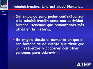 AIEP
AIEP
-
CHILE
Sin embargo para poder contextualizar
a la administración como una actividad
humana, tenemos que remontarnos más
atrás en la historia.
Se origina desde el momento en que el
ser humano se da cuenta que tiene que
unir esfuerzos y cooperar con otras
personas para sobrevivir.
Administración, Una actividad Humana…
 