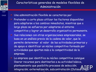 Características generales de modelos flexibles de Administración Una administración flexible se caracteriza por Pretender a corto plazo utilizar los factores disponibles para adaptarse a los cambios inmediatos, mientras que a largo plazo se esfuerza por adaptarse al entorno competitivo y lograr un desarrollo organizativo permanente. Sus relaciones con otras organizaciones empresariales, se basa en un análisis previo de la cadena de valor, que le permite determinar  el valor  de las actividades primarias y de apoyo e identificar un núcleo competitivo formado por actividades que aportan más a la competitividad de la empresa. La empresa que identifica su núcleo competitivo consigue liberar recursos para destinarlos a su actividad básica, planteamiento que posibilita procesos de selección; integración; externalización, subcontratación (Outsourcing), alianzas empresariales. Etc. 