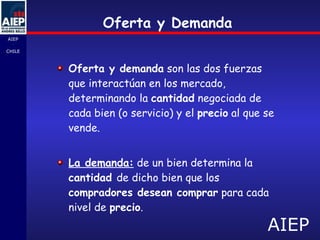 Oferta y Demanda Oferta y demanda  son las dos fuerzas que interactúan en los mercado, determinando la  cantidad  negociada de cada bien (o servicio) y el  precio  al que se vende.  La demanda:  de un bien determina la  cantidad  de dicho bien que los  compradores desean comprar  para cada nivel de  precio .  