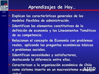 Aprendizajes de Hoy… Explican las características generales de los modelos flexibles de administración. Identifican los elementos constitutivos de la definición de economía y los Lineamientos Temáticos de su competencia. Relacionan el concepto de Economía con problemas reales, aplicando las preguntas económicas básicas a problemas sociales. Identifican necesidades y satisfactores, destacando la diferencia entre ellos. Caracterizan a la organización económica de Chile como sistema inserto en un macrosistema económico global. 