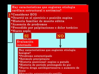 Hay caracteristicas que sugieran etiologia 
cardíaca estructural o arritmica? 
*Considerar ECG 
*Ocurrió en el ejercicio o posición supina 
*Historia familiar de muerte súbita 
*Ausencia de prodromos 
*Precedido por palpitaciones o dolor torácico 
*Nuevo soplo 
NO 
SI NO 
Evaluación 
internado 
Hay caracteristicas que sugieren etiologia 
benigna? 
*Prodromo estereotipado 
*Estimulo precipitante 
*Historia posicional: supino a parado 
*Historia de período prolongado de pie 
*Nueva droga antihipertensiva o aumento de 
dosis 
*Situación estereotipada-gatillo 
 