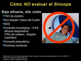 Cómo NO evaluar el Síncope 
Baja eficacia, alto costo 
TAC de cerebro 
Eco doppler Vasos del Cuello 
EEG 
Consulta neurológica – 0-4% 
eficacia diagnóstica2,3 
(TAC de cerebro, Doppler 
carotídeo) 
Consulta psiquiátrica 
Enzimas cardíacas 
1Olshansky B. In: Grubb B and Olshansky B. eds. Syncope: Mechanisms and Management. Futura. 1998:15-71. 
2 Kapoor W. Medicine. 1990;69:160-175. 
3 Kapoor W. JAMA. 1992;268:2553-2560 
 