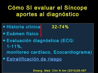 Cómo SI evaluar el Síncope 
aportes al diagnóstico 
 Historia clínica 32-74% 
 Exámen físico 
 Evaluación diagnóstica (ECG: 
1-11%, 
monitoreo cardíaco, Ecocardiograma) 
 Estratificación de riesgo 
Emerg. Med. Clin N Am (2010)28:487 
 