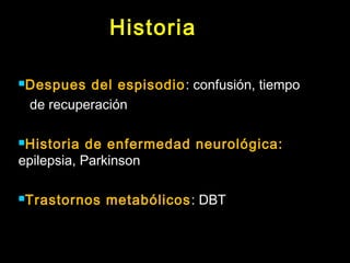 Historia 
Despues del espisodio: confusión, tiempo 
de recuperación 
Historia de enfermedad neurológica: 
epilepsia, Parkinson 
Trastornos metabólicos: DBT 
 