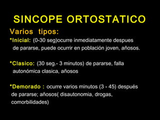 SINCOPE ORTOSTATICO 
Varios tipos: 
*Inicial: (0-30 seg)ocurre inmediatamente despues 
de pararse, puede ocurrir en población joven, añosos. 
*Clasico: (30 seg.- 3 minutos) de pararse, falla 
autonómica clasica, añosos 
*Demorado : ocurre varios minutos (3 - 45) después 
de pararse; añosos( disautonomia, drogas, 
comorbilidades) 
 