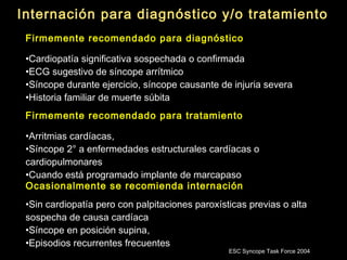 Internación para diagnóstico y/o tratamiento 
Firmemente recomendado para diagnóstico 
•Cardiopatía significativa sospechada o confirmada 
•ECG sugestivo de síncope arrítmico 
•Síncope durante ejercicio, síncope causante de injuria severa 
•Historia familiar de muerte súbita 
Firmemente recomendado para tratamiento 
•Arritmias cardíacas, 
•Síncope 2° a enfermedades estructurales cardíacas o 
cardiopulmonares 
•Cuando está programado implante de marcapaso 
Ocasionalmente se recomienda internación 
•Sin cardiopatía pero con palpitaciones paroxísticas previas o alta 
sospecha de causa cardíaca 
•Síncope en posición supina, 
•Episodios recurrentes frecuentes 
ESC Syncope Task Force 2004 
 
