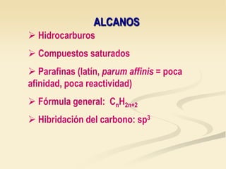 ALCANOS
 Hidrocarburos
 Compuestos saturados

 Parafinas (latín, parum affinis = poca
afinidad, poca reactividad)
 Fórmula general: CnH2n+2
 Hibridación del carbono: sp3

 