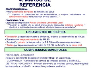 14
4. MARCO DE4. MARCO DE
REFERENCIAREFERENCIA
CONTEXTO NACIONALCONTEXTO NACIONAL
Primer Lineamiento de Política del Ministerio de Salud
“.. impulsar la prevención de las enfermedades y mejorar radicalmente las
condiciones de salud de la población en esta década …“
CONTEXTO LOCALCONTEXTO LOCAL
Objetivos Estratégicos del Plan de Desarrollo Concertado Local
“Mejorar la calidad de la salud promoviendo adecuadas prácticas sanitarias y
disminuir la incidencia de enfermedades infectocontagiosas y parasitarias”.
Educación y capacitación para la eficiencia, eficacia y sostenibilidad de RR.SS.
Fomento del reaprovechamiento de RR.SS.
Prestación privada de los servicios de RR.SS (en términos empresariales).
Tarifas por la prestación de servicios de RR.SS. en función de su costo real.
LINEAMIENTOS DE POLÍTICA
COMPETENCIAS MUNICIPALES
PROVINCIAL - EXCLUSIVA
Regular y controlar la disposición final de RR.SS. en la provincia.
- COMPARTIDA : Administrar el servicio de limpieza pública y de RR.SS.,
DISTRITAL - EXCLUSIVA : Proveer el servicio de limpieza pública, determinando
las áreas de acumulación de desechos y rellenos sanitarios.
 