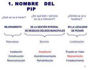 7
1. NOMBRE DEL
PIP
MEJORAMIENTO DE LA GESTIÓN INTEGRAL EN LA LOCALIDAD
DE RESIDUOS SÓLIDOS MUNICIPALES DE PICHARI
Naturaleza Servicio Localización
Instalación Ampliación Puesta en Valor
Construcción Acondicionamiento Mejoramiento
Reconstrucción Rehabilitación Fortalecimiento
¿Qué se va a hacer?
¿En qué bien / servicio
se va a intervenir?
¿Dónde se va a
localizar?
 