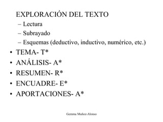 EXPLORACIÓN DEL TEXTO
– Lectura
– Subrayado
– Esquemas (deductivo, inductivo, numérico, etc.)
• TEMA- T*
• ANÁLISIS- A*
• RESUMEN- R*
• ENCUADRE- E*
• APORTACIONES- A*
Gemma Muñoz-Alonso
 