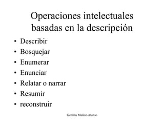 Operaciones intelectuales
basadas en la descripción
• Describir
• Bosquejar
• Enumerar
• Enunciar
• Relatar o narrar
• Resumir
• reconstruir
Gemma Muñoz-Alonso
 