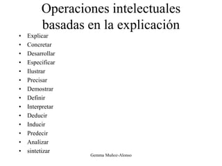 Operaciones intelectuales
basadas en la explicación
• Explicar
• Concretar
• Desarrollar
• Especificar
• Ilustrar
• Precisar
• Demostrar
• Definir
• Interpretar
• Deducir
• Inducir
• Predecir
• Analizar
• sintetizar
Gemma Muñoz-Alonso
 