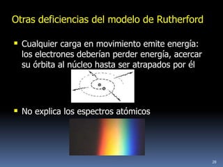 Otras deficiencias del modelo de Rutherford

 Cualquier carga en movimiento emite energía:
  los electrones deberían perder energía, acercar
  su órbita al núcleo hasta ser atrapados por él




 No explica los espectros atómicos



                                                    28
 