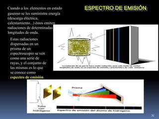 Cuando a los elementos en estado    ESPECTRO DE EMISIÓN
gaseoso se les suministra energía
(descarga eléctrica,
calentamiento...) éstos emiten
radiaciones de determinadas
longitudes de onda.
 Estas radiaciones
 dispersadas en un
 prisma de un
 espectroscopio se ven
 como una serie de
 rayas, y el conjunto de
 las mismas es lo que
 se conoce como
 espectro de emisión.




                                                          32
 