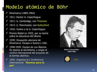 Modelo atómico de Böhr
   Dinamarca (1885-1962)
   1911: Doctor U. Copenhague
   1911: U. Cambridge, con Thomson
   1913: U. Manchester, con Rutherford
   1916: Vuelve a la U. Copenhague
   Premio Nobel en 1922, por su teoría
    sobre la estructura del átomo
 1939: Ocupación alemana de
    Dinamarca. Escapa a Suecia y USA.
 1940-1945: Equipo de Los Álamos.
    Se oponía al secretismo, y exigía el    Niels H. David Böhr
                                                (1885-1962)
    control internacional del proyecto de
    la bomba atómica.
 1955: Organiza la I Conferencia                       1922
    Internacional: “Átomos para la
    paz”
                                                                  38
 