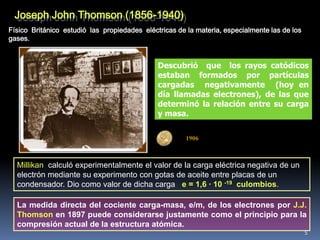 Joseph John Thomson (1856-1940)
Físico Británico estudió las propiedades eléctricas de la materia, especialmente las de los
gases.


                                              Descubrió que los rayos catódicos
                                              estaban formados por partículas
                                              cargadas negativamente (hoy en
                                              día llamadas electrones), de las que
                                              determinó la relación entre su carga
                                              y masa.


                                                       1906



  Millikan calculó experimentalmente el valor de la carga eléctrica negativa de un
  electrón mediante su experimento con gotas de aceite entre placas de un
  condensador. Dio como valor de dicha carga e = 1,6 · 10 -19 culombios.

  La medida directa del cociente carga-masa, e/m, de los electrones por J.J.
  Thomson en 1897 puede considerarse justamente como el principio para la
  compresión actual de la estructura atómica.
                                                                                              5
 