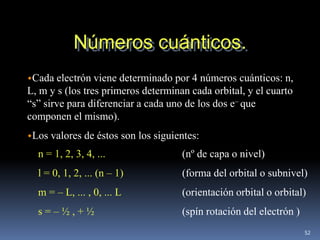 Números cuánticos.
Cada electrón viene   determinado por 4 números cuánticos: n,
L, m y s (los tres primeros determinan cada orbital, y el cuarto
“s” sirve para diferenciar a cada uno de los dos e– que
componen el mismo).
Los   valores de éstos son los siguientes:
  n = 1, 2, 3, 4, ...                 (nº de capa o nivel)
  l = 0, 1, 2, ... (n – 1)            (forma del orbital o subnivel)
  m = – L, ... , 0, ... L             (orientación orbital o orbital)
  s=–½,+½                             (spín rotación del electrón )
                                                                      52
 
