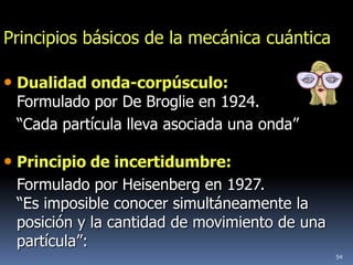 Principios básicos de la mecánica cuántica

• Dualidad onda-corpúsculo:
 Formulado por De Broglie en 1924.
 “Cada partícula lleva asociada una onda”

• Principio de incertidumbre:
 Formulado por Heisenberg en 1927.
 “Es imposible conocer simultáneamente la
 posición y la cantidad de movimiento de una
 partícula”:
                                               54
 