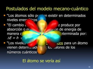 Postulados del modelo mecano-cuántico
• “Los átomos sólo pueden existir en determinados
    niveles energéticos”.
•   “El cambio de nivel energético se produce por
    absorción o emisión de un fotón de energía de
    manera que su frecuencia viene determinada por:
      E = h ”.
•   “Los niveles energéticos permitidos para un átomo
    vienen determinados por los valores de los
    números cuánticos”.

             El átomo se vería así
                                                        58
 