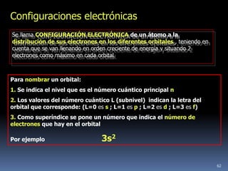 Configuraciones electrónicas
Se llama CONFIGURACIÓN ELECTRÓNICA de un átomo a la
distribución de sus electrones en los diferentes orbitales , teniendo en
cuenta que se van llenando en orden creciente de energía y situando 2
electrones como máximo en cada orbital.



Para nombrar un orbital:
1. Se indica el nivel que es el número cuántico principal n
2. Los valores del número cuántico L (subnivel) indican la letra del
orbital que corresponde: (L=0 es s ; L=1 es p ; L=2 es d ; L=3 es f)
3. Como superíndice se pone un número que indica el número de
electrones que hay en el orbital

Por ejemplo                     3s2

                                                                           62
 
