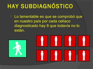 HAY SUBDIAGNÓSTICO
 Lo lamentable es que se comprobó que
en nuestro país por cada celíaco
diagnosticado hay 8 que todavía no lo
están.
 