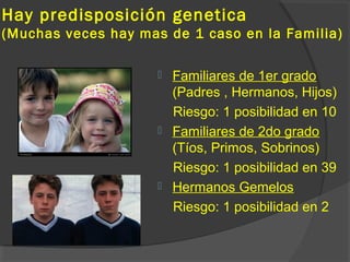 Hay predisposición genetica
(Muchas veces hay mas de 1 caso en la Familia)
 Familiares de 1er grado
(Padres , Hermanos, Hijos)
Riesgo: 1 posibilidad en 10
 Familiares de 2do grado
(Tíos, Primos, Sobrinos)
Riesgo: 1 posibilidad en 39
 Hermanos Gemelos
Riesgo: 1 posibilidad en 2
 