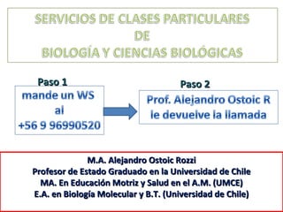 Paso 1Paso 1 Paso 2Paso 2
M.A. Alejandro Ostoic RozziM.A. Alejandro Ostoic Rozzi
Profesor de Estado Graduado en la Universidad de ChileProfesor de Estado Graduado en la Universidad de Chile
MA. En Educación Motriz y Salud en el A.M. (UMCE)MA. En Educación Motriz y Salud en el A.M. (UMCE)
E.A. en Biología Molecular y B.T. (Universidad de Chile)E.A. en Biología Molecular y B.T. (Universidad de Chile)
 