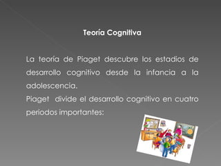 Teoría Cognitiva La teoría de Piaget descubre los estadios de desarrollo cognitivo desde la infancia a la adolescencia. Piaget  divide el desarrollo cognitivo en cuatro periodos importantes: 