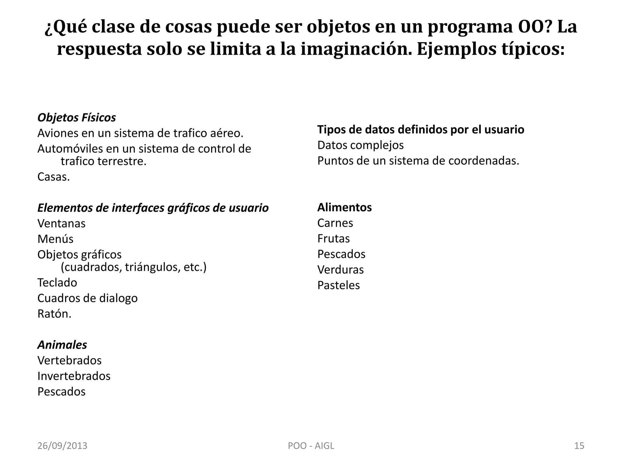 ¿Qué clase de cosas puede ser objetos en un programa OO? La
respuesta solo se limita a la imaginación. Ejemplos típicos:
Objetos Físicos
Aviones en un sistema de trafico aéreo.
Automóviles en un sistema de control de
trafico terrestre.
Casas.
Elementos de interfaces gráficos de usuario
Ventanas
Menús
Objetos gráficos
(cuadrados, triángulos, etc.)
Teclado
Cuadros de dialogo
Ratón.
Animales
Vertebrados
Invertebrados
Pescados
Tipos de datos definidos por el usuario
Datos complejos
Puntos de un sistema de coordenadas.
Alimentos
Carnes
Frutas
Pescados
Verduras
Pasteles
26/09/2013 15POO - AIGL
 