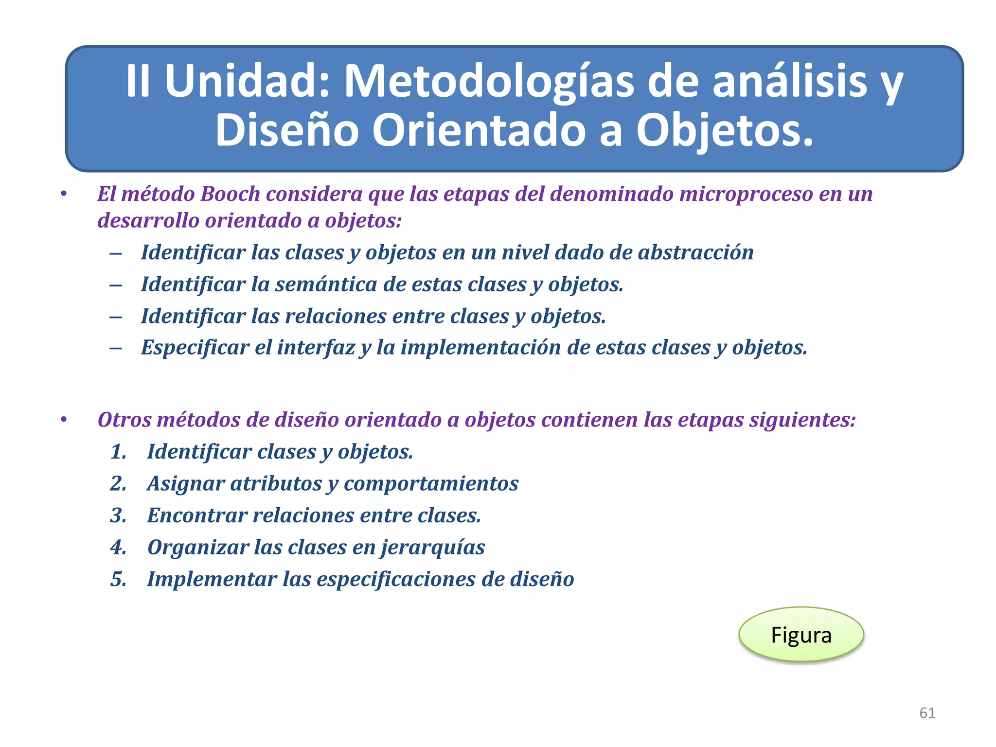 Relacion de Asociación
61
II Unidad: Metodologías de análisis y
Diseño Orientado a Objetos.
• El método Booch considera que las etapas del denominado microproceso en un
desarrollo orientado a objetos:
– Identificar las clases y objetos en un nivel dado de abstracción
– Identificar la semántica de estas clases y objetos.
– Identificar las relaciones entre clases y objetos.
– Especificar el interfaz y la implementación de estas clases y objetos.
• Otros métodos de diseño orientado a objetos contienen las etapas siguientes:
1. Identificar clases y objetos.
2. Asignar atributos y comportamientos
3. Encontrar relaciones entre clases.
4. Organizar las clases en jerarquías
5. Implementar las especificaciones de diseño
Figura
 