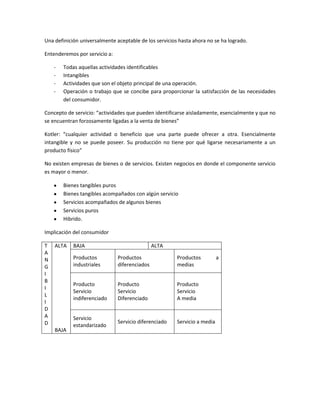 Una definición universalmente aceptable de los servicios hasta ahora no se ha logrado.

Entenderemos por servicio a:

    -   Todas aquellas actividades identificables
    -   Intangibles
    -   Actividades que son el objeto principal de una operación.
    -   Operación o trabajo que se concibe para proporcionar la satisfacción de las necesidades
        del consumidor.

Concepto de servicio: “actividades que pueden identificarse aisladamente, esencialmente y que no
se encuentran forzosamente ligadas a la venta de bienes”

Kotler: “cualquier actividad o beneficio que una parte puede ofrecer a otra. Esencialmente
intangible y no se puede poseer. Su producción no tiene por qué ligarse necesariamente a un
producto físico”

No existen empresas de bienes o de servicios. Existen negocios en donde el componente servicio
es mayor o menor.

        Bienes tangibles puros
        Bienes tangibles acompañados con algún servicio
        Servicios acompañados de algunos bienes
        Servicios puros
        Hibrido.

Implicación del consumidor

T   ALTA    BAJA                               ALTA
A
N           Productos          Productos                Productos          a
G           industriales       diferenciados            medias
I
B
            Producto           Producto                 Producto
I
            Servicio           Servicio                 Servicio
L
            indiferenciado     Diferenciado             A media
I
D
A           Servicio
D                              Servicio diferenciado    Servicio a media
            estandarizado
    BAJA
 