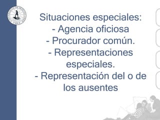 Situaciones especiales:
- Agencia oficiosa
- Procurador común.
- Representaciones
especiales.
- Representación del o de
los ausentes
 