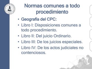 Normas comunes a todo
procedimiento
• Geografía del CPC:
• Libro I: Disposiciones comunes a
todo procedimiento.
• Libro II: Del juicio Ordinario.
• Libro III: De los juicios especiales.
• Libro IV: De los actos judiciales no
contenciosos.
 