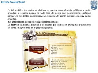 Derecho Procesal Penal 
En tal sentido, las partes se dividen en partes esencialmente públicas y partes 
privadas, las cuales surgen en todo tipo de delito que denominamos públicos, 
porque en los delitos denominados a instancia de acción privada sólo hay partes 
privadas. 
4.2. Clasificación de los sujetos procesales penales 
La doctrina tradicional clasifica a los sujetos procesales en principales y auxiliares, 
tal como se representa en el gráfico siguiente: 
 