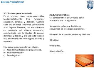 Derecho Procesal Penal 
3.2. Proceso penal acusatorio 
En el proceso penal están contenidas 
fundamentalmente tres funciones: 
acusación, defensa y decisión. Cuando 
cada una de estas funciones corresponde 
a un órgano diferente, nos encontramos 
en presencia del sistema acusatorio, 
caracterizado por la libertad de acusar, 
defender y decidir, y a la vez cada función 
está encomendada a un órgano distinto y 
separado. 
Este proceso comprende tres etapas: 
a) fase de investigación o preparatoria, 
b) fase intermedia y 
c) fase de juicio. 
3.2.1. Características 
Las características del proceso penal 
acusatorio son las siguientes: 
•Acusación, defensa y decisión se 
encuentran en tres órganos distintos. 
•Libertad de acusación, defensa y decisión. 
•Oralidad. 
•Publicidad. 
•Contradicción. 
 