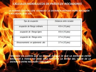 CÁLCULOS HIDRÁULICOS DE PAÑOS DE ROCIADORES
LA NORMA COVENIN 1376 ESTABLECE LA DISTANCIA MÁXIMA ENTRE ROCIADOR
Y ROCIADOR DEBE SER:
TENIENDO EN CUENTA QUE LA NORMA ESTABLE CE QUE LA DISTANCIA ENTRE
ROCIADOR A PARED NO DEBE SERA MAYOR A LA MITAD DEL VALOR DE LA
DISTANCIA ENTRE ROCIADIR Y ROCIADOR
 