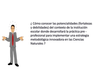 ¿ Cómo conocer las potencialidades (fortalezas
y debilidades) del contexto de la institución
escolar donde desarrollará la práctica pre -
profesional para implementar una estrategia
metodológica innovadora en las Ciencias
Naturales ?
 
