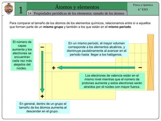1 Átomos y elementos
14
Física y Química
4.º ESO
Propiedades periódicas de los elementos: tamaño de los átomos
Para comparar el tamaño de los átomos de los elementos químicos, relacionamos entre sí a aquellos
que forman parte de un mismo grupo y también a los que están en el mismo periodo.
En general, dentro de un grupo el
tamaño de los átomos aumenta al
descender en el grupo .
–
+
–+
En un mismo período, el mayor volumen
corresponde a los elementos alcalinos, y
disminuye paulatinamente al avanzar en el
período hasta llegar a los halógenos.
Los electrones de valencia están en el
mismo nivel mientras que el número de
protones aumenta y estos electrones serán
atraídos por el núcleo con mayor fuerza.
El número de
capas
aumenta y los
electrones se
encuentran
cada vez más
alejados del
núcleo.
 
